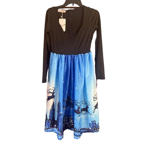 Moking Top Dresses & Skirts - Moking Top Womens Christmas Dress Small Santa Long S Black Blue Reindeer NYC
